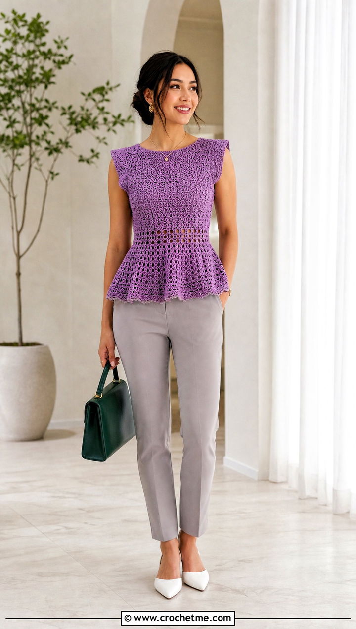 Crochet Ring Peplum Top With Slim Trousers - 25 Crochet Top With Ring In The Middle outfit ideas