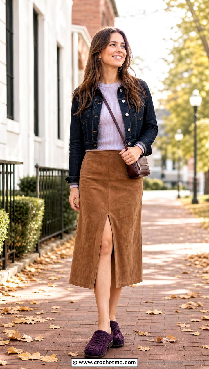 Crochet Ripple Clogs With Suede Midi Skirt - 20 crocheted shoes women outfit ideas
