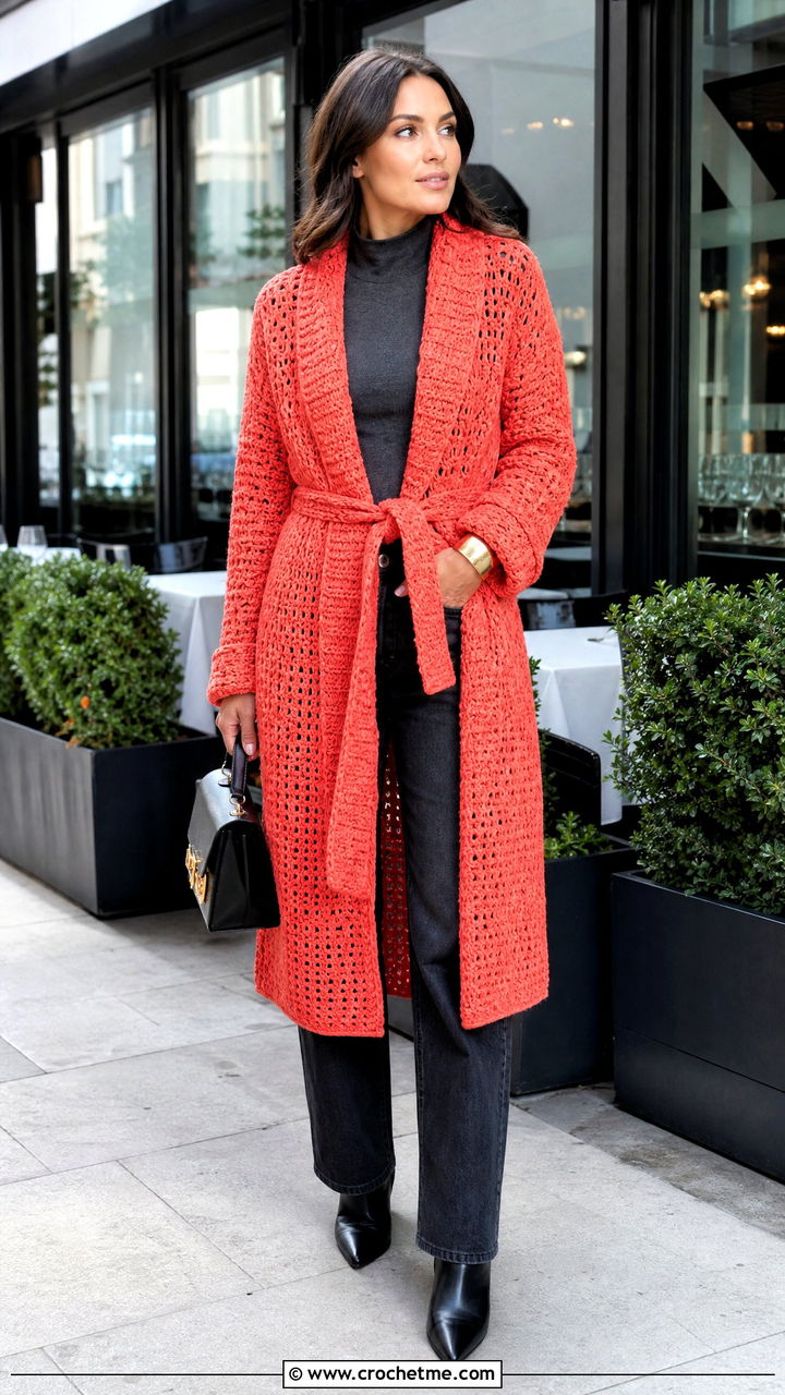 Crochet Robe Coat With Jeans And Heeled Boots - 35 crochet coats outfit ideas