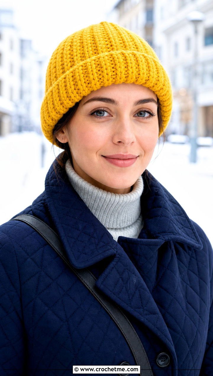 Crochet Rolled Brim Beanie With Quilted Coat - 20 Crochet Beanie With Brim outfit ideas