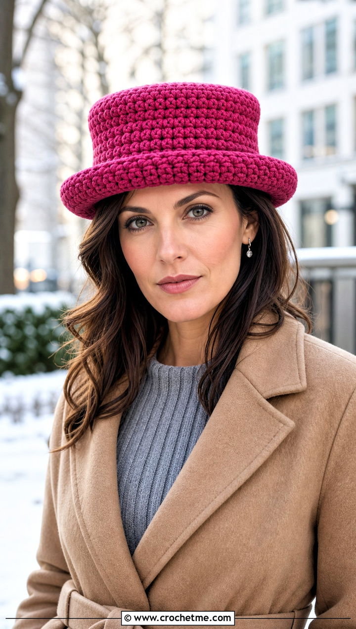 Crochet Rolled Brim Flat Top Hat With Knit Dress - 20 Flat Top Crochet Hat outfit ideas