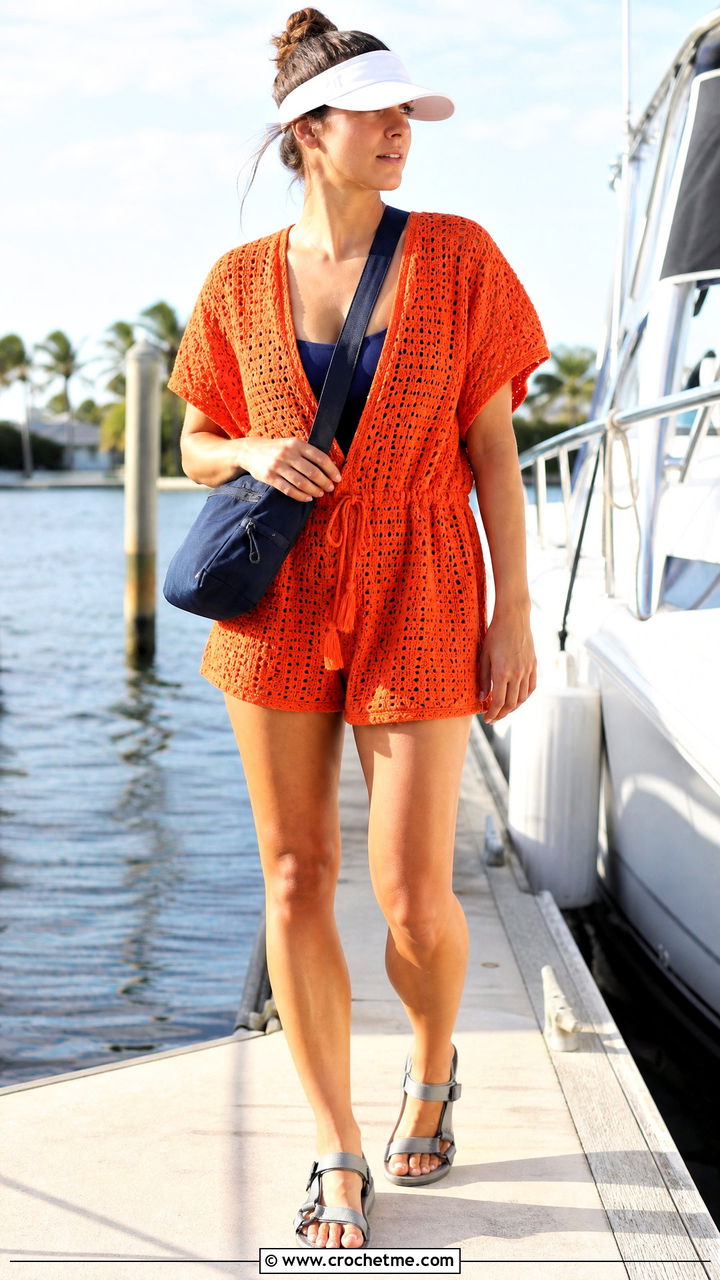 Crochet Romper Cover Up With Utility Sandals - 35 crochet bathing suit cover up outfit ideas