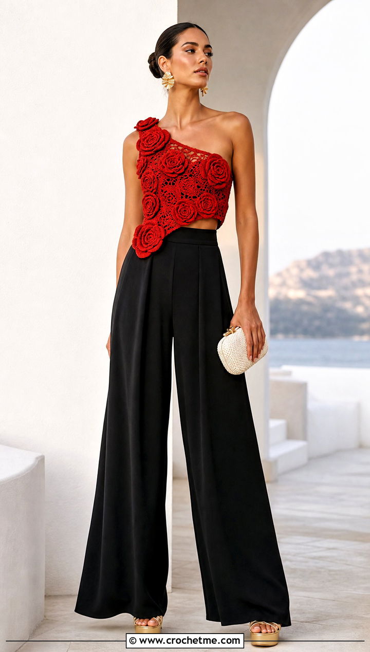 Crochet Rose Asymmetrical Top With Palazzo Pants - 35 crochet rose top outfit ideas