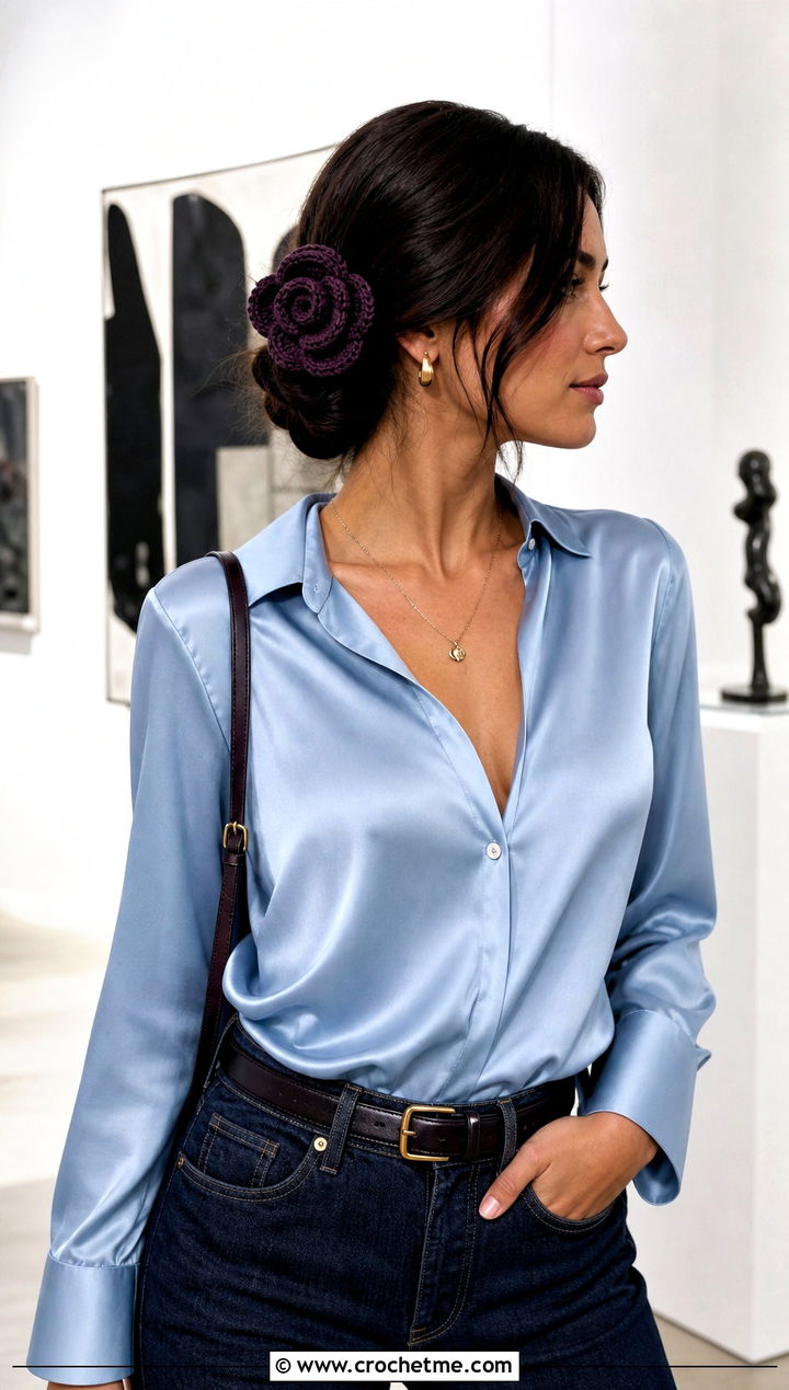 Crochet Rose Barrette With Satin Blouse And Jeans - 15 crochet flower headband and clip outfit ideas