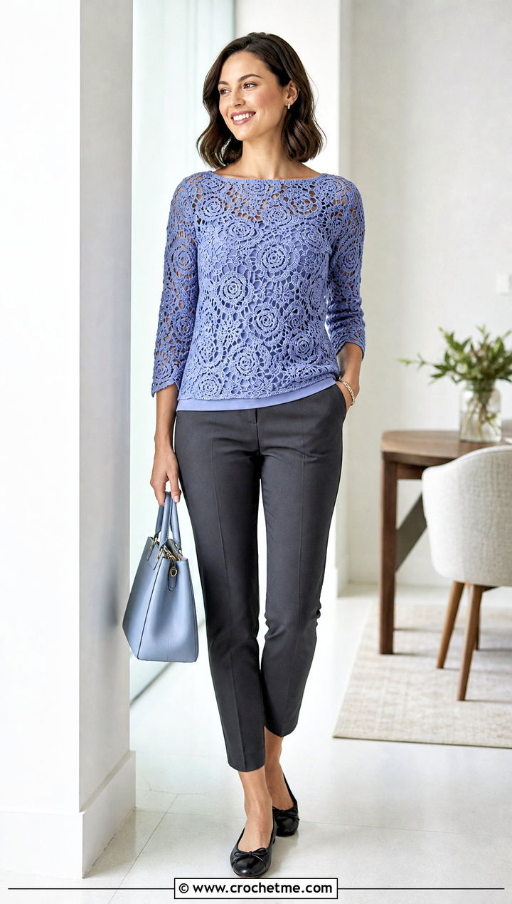 Crochet Rose Boat Neck Top With Cigarette Pants - 35 crochet rose top outfit ideas