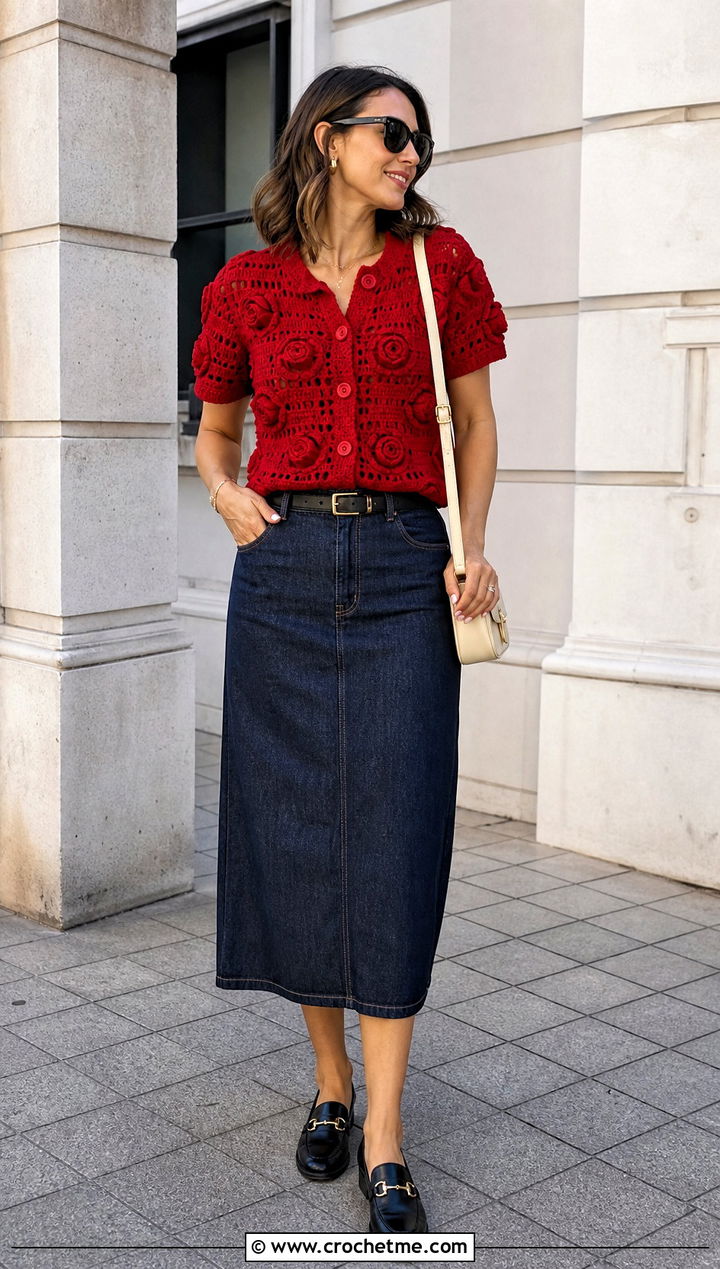 Crochet Rose Button Up Top With Denim Midi Skirt - 35 crochet rose top outfit ideas