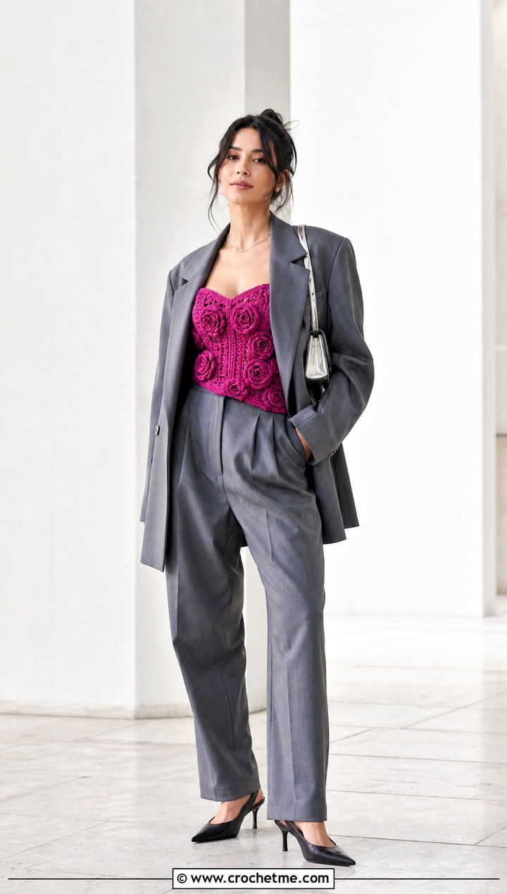 Crochet Rose Corset Top With Oversized Blazer - 35 crochet rose top outfit ideas