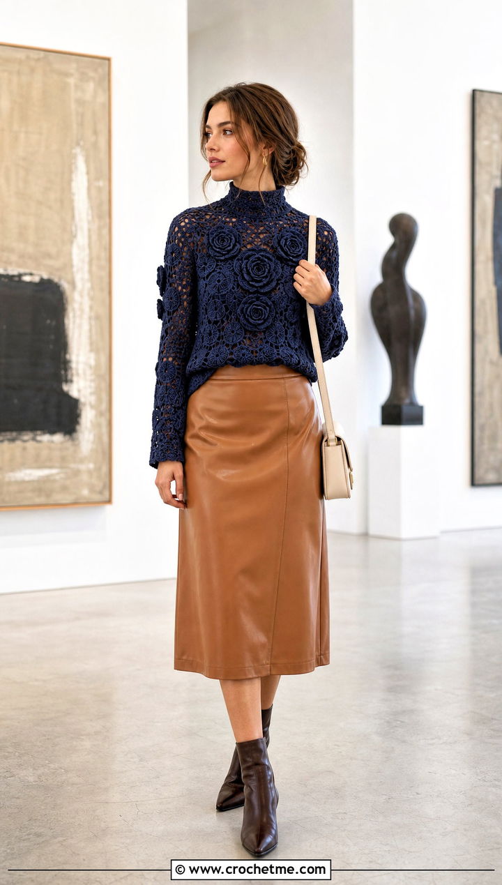 Crochet Rose High Neck Top With Leather Midi Skirt - 35 crochet rose top outfit ideas