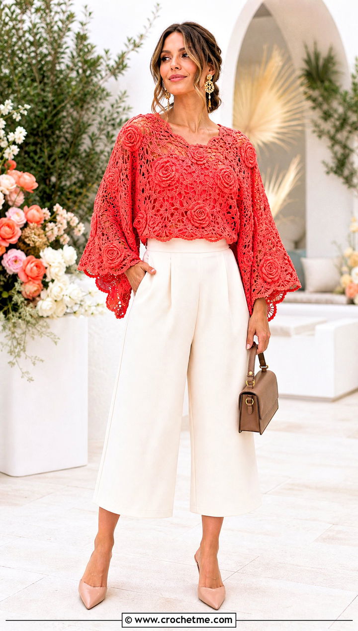 Crochet Rose Kimono Sleeve Top With Culottes - 35 crochet rose top outfit ideas