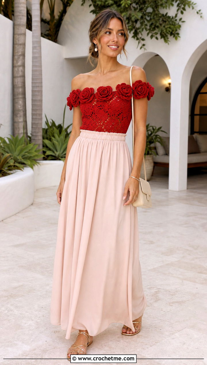 Crochet Rose Off Shoulder Top With Maxi Skirt - 35 crochet rose top outfit ideas