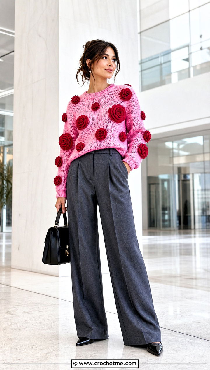 Crochet Rose Sweater With Wide Leg Trousers - 30 crochet flowers on sweater outfit ideas