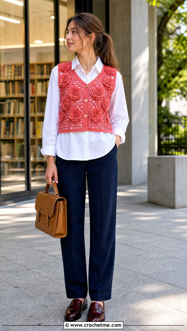 Crochet Rose Vest Top With White Button Down Shirt - 35 crochet rose top outfit ideas