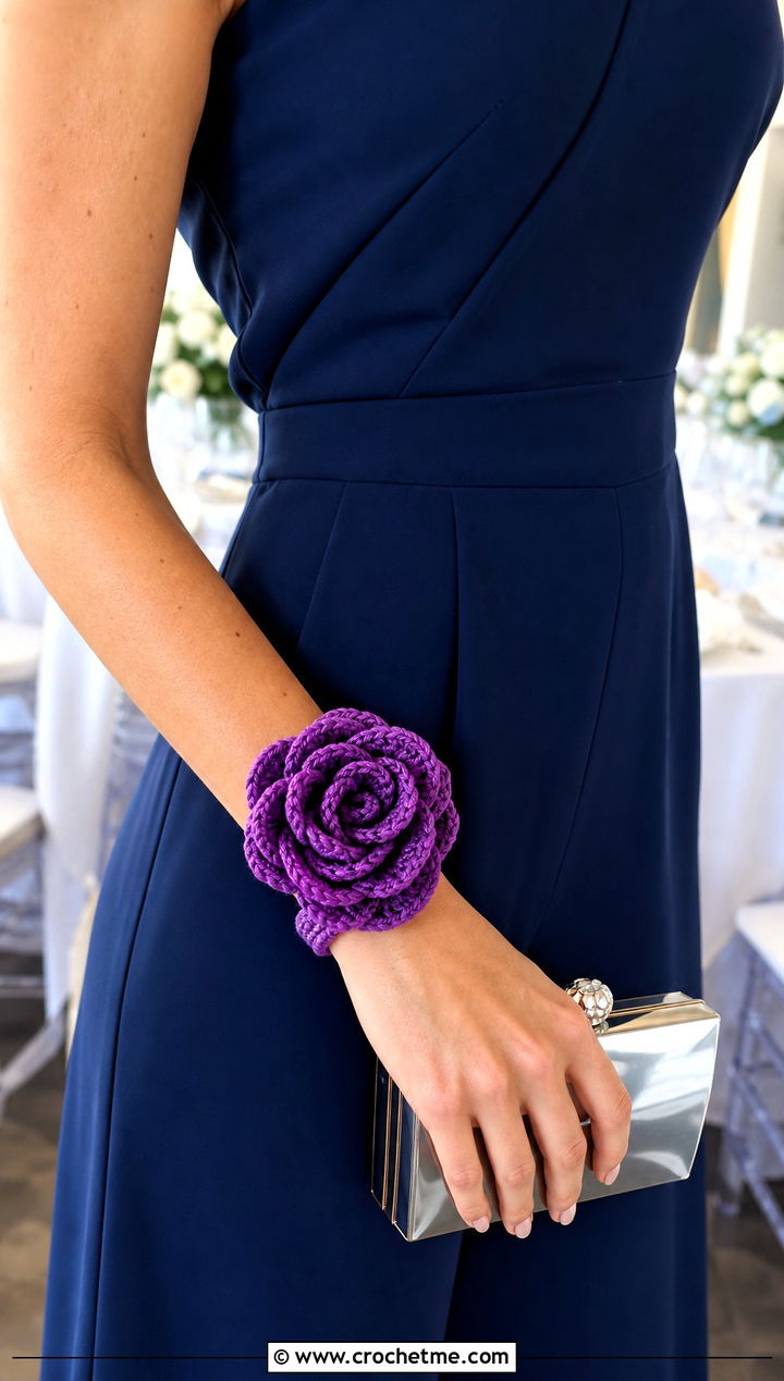 Crochet Rose Wrist Corsage With Jumpsuit - 30 Crochet Flower Outfit ideas