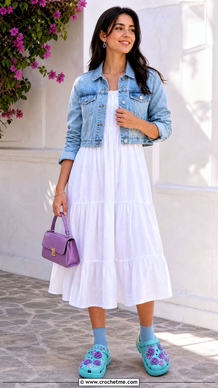 Crochet Rosette Crocs With A Tiered Dress - 35 crochet crocs shoes outfit ideas