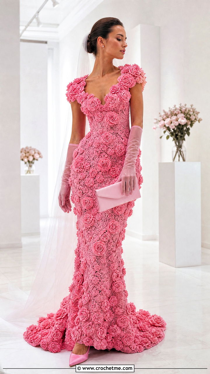 Crochet Rosette Gown With Sheer Gloves - 35 crochet wedding dress outfit ideas