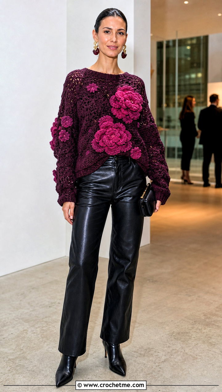 Crochet Rosette Sweater With Leather Pants - 30 crochet flowers on sweater outfit ideas