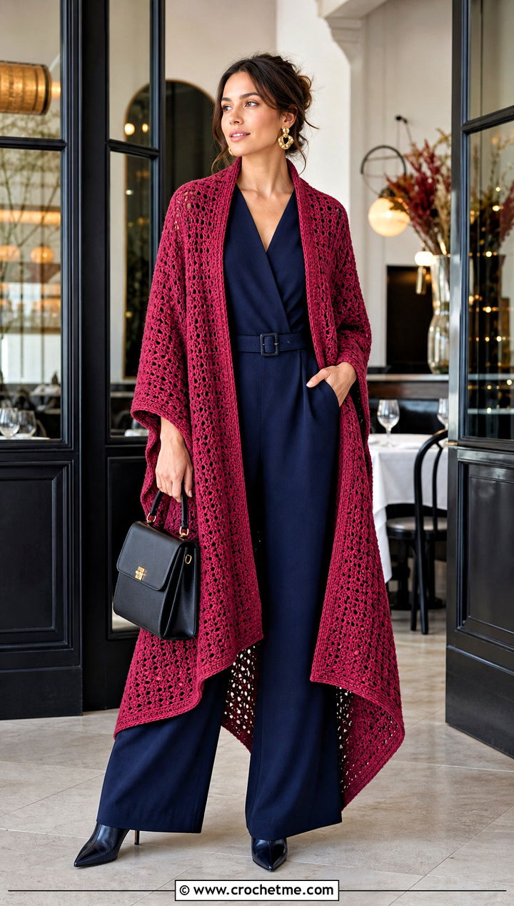 Crochet Ruana Blanket Shawl With Belted Jumpsuit - 15 Crochet Shawl Blanket outfit ideas
