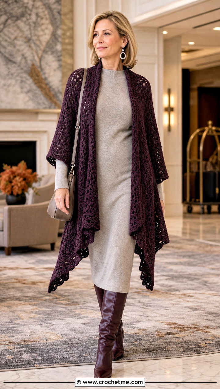 Crochet Ruana Poncho With Knit Column Dress - 15 Crochet Womens Poncho outfit ideas