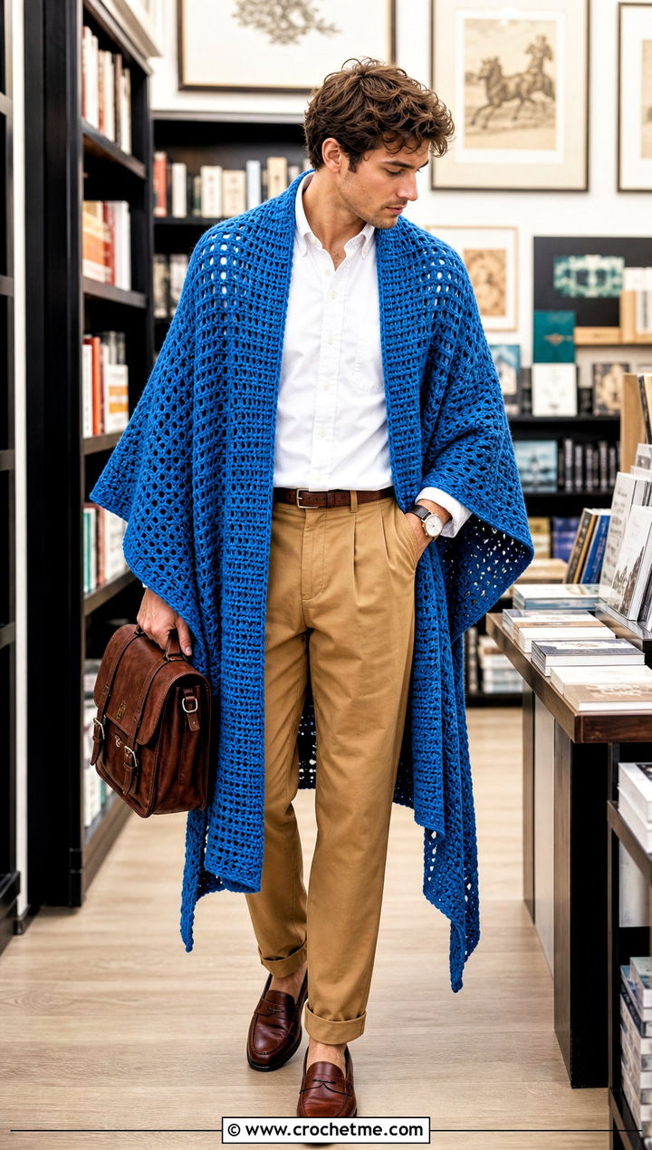 Crochet Ruana Poncho With Oxford Shirt - 30 men crochet poncho outfit ideas