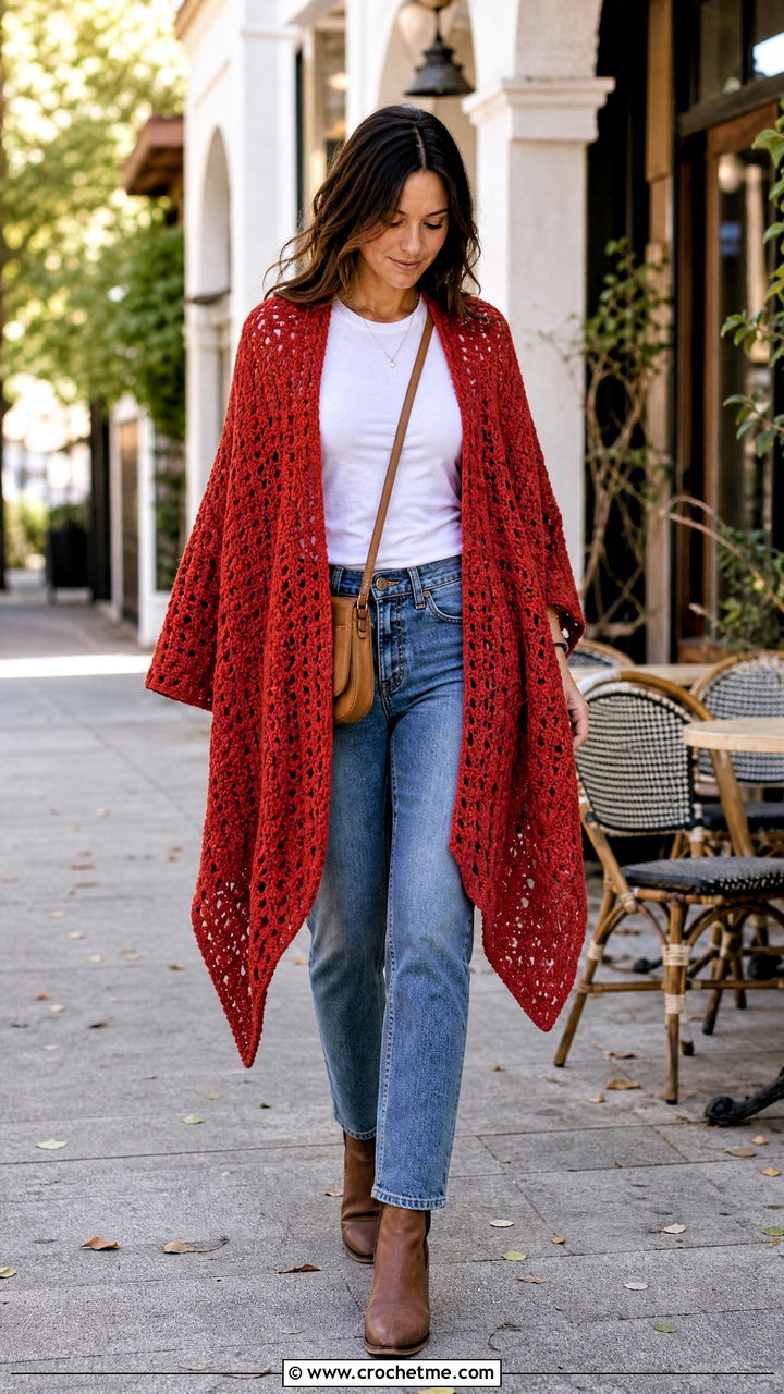 Crochet Ruana Poncho With T Shirt And Jeans - 35 easy crochet poncho woman outfit ideas