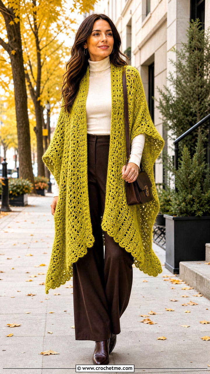 Crochet Ruana Prayer Shawl With Turtleneck And Wide Leg Pants - 35 easy crochet prayer shawls outfit ideas