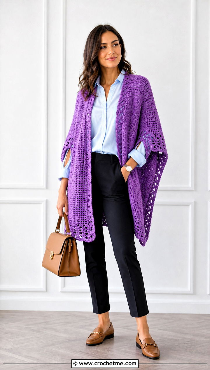 Crochet Ruana Shawl With Arm Holes And Button Down Shirt - 30 crochet shawl with arm holes outfit ideas