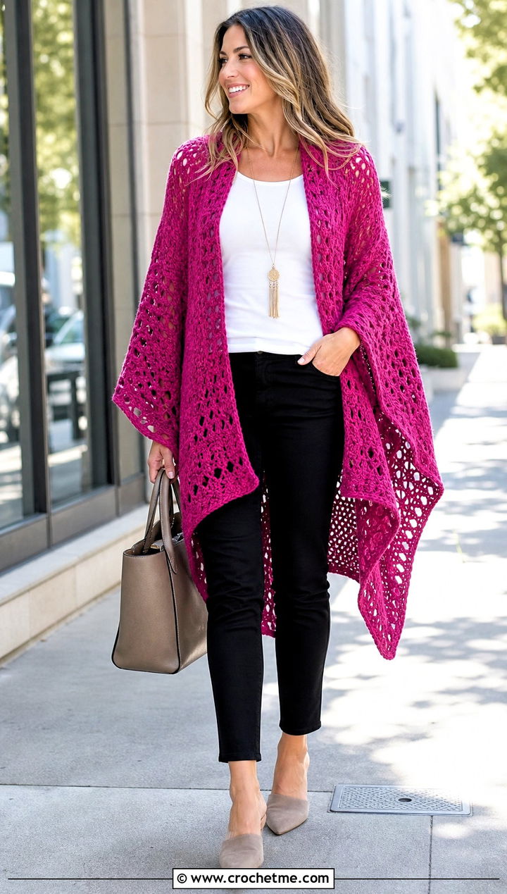 Crochet Ruana Shawl With Slim Pants And Mules - 35 quick crochet shawl outfit ideas