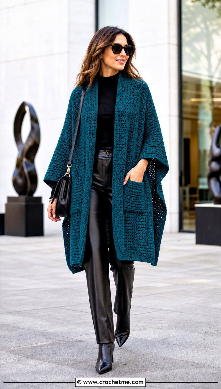 Crochet Ruana With Leather Pants - 15 Crochet Shawls And Wraps With Pockets outfit ideas