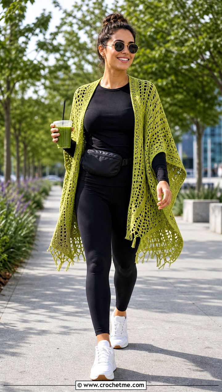 Crochet Ruana With Leggings And Sneakers - 15 Beginner Crochet Wrap outfit ideas