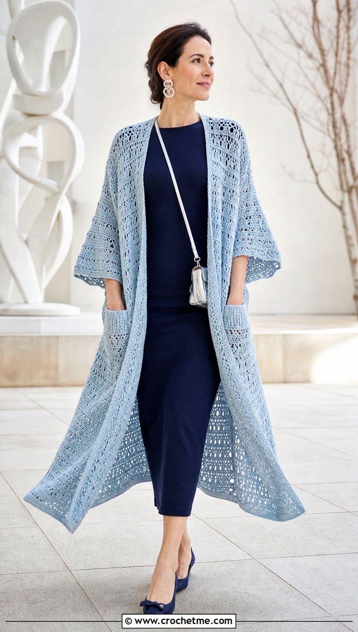 Crochet Ruana With Pockets And Column Dress - 35 crochet wrap with pockets outfit ideas