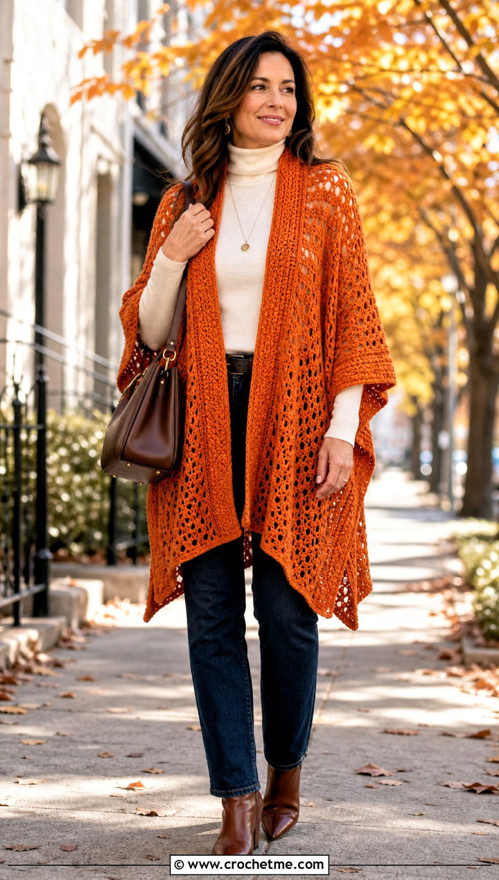 Crochet Ruana With Turtleneck And Straight Jeans - 25 beautiful crochet shawls and wraps outfit ideas