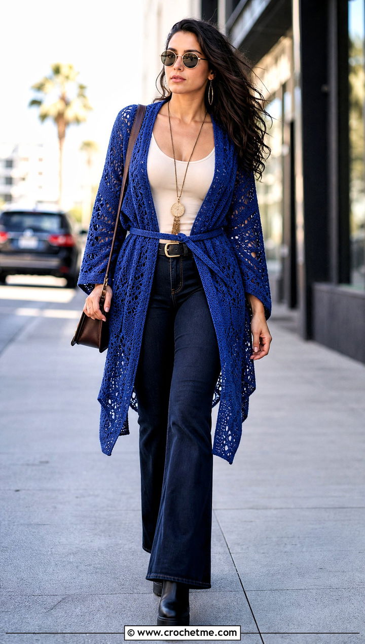 Crochet Ruana Wrap With Belted Jeans - 30 crochet shawl wraps outfit ideas
