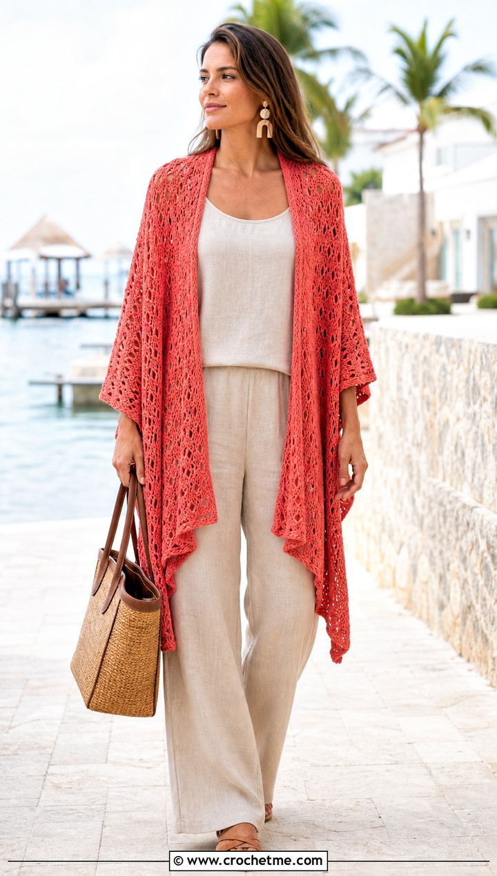 Crochet Ruana Wrap With Linen Set And Flat Sandals - 15 Crochet Spring Wrap outfit ideas