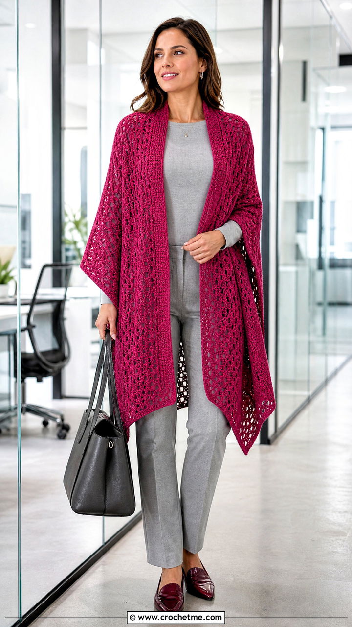 Crochet Ruana Wrap With Monochrome Workwear - 35 crochet shawls and wraps outfit ideas