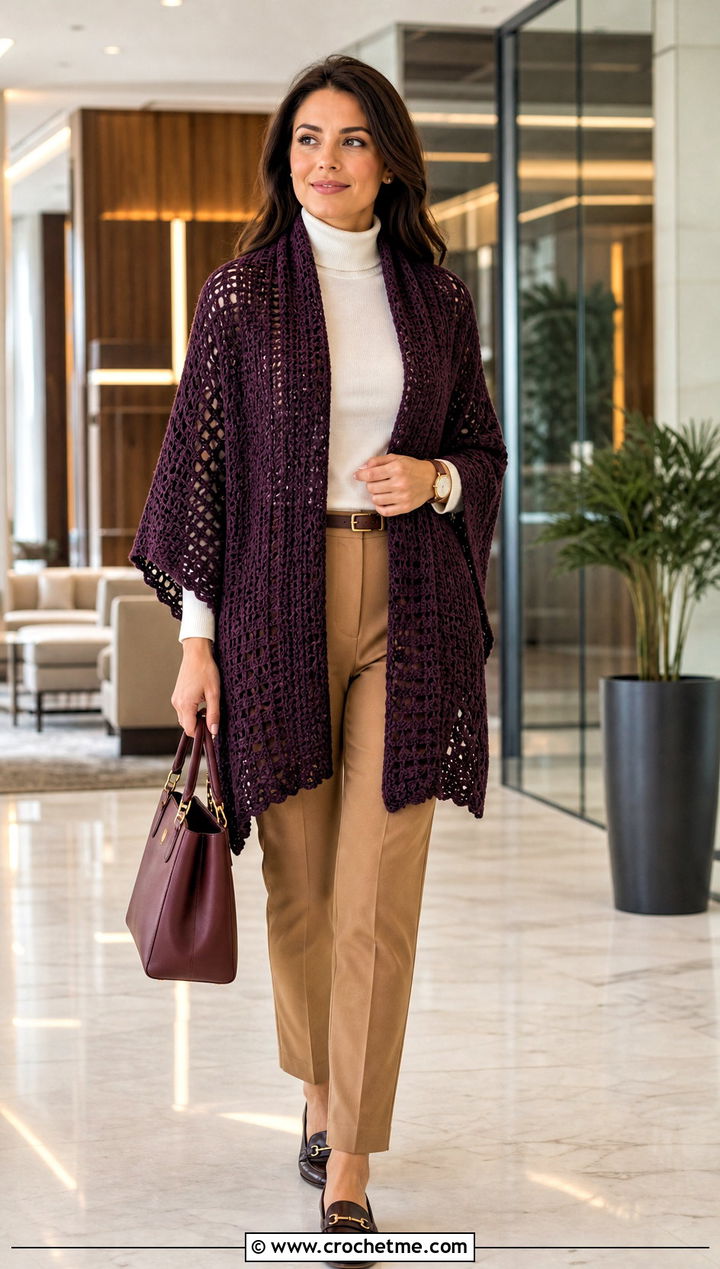 Crochet Ruana Wrap With Turtleneck And Trousers - 30 crochet shawl wrap outfit ideas