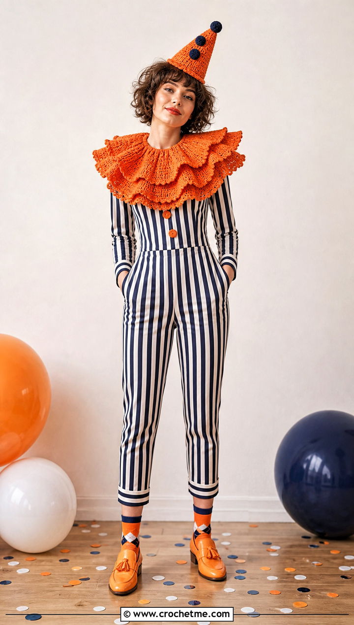 Crochet Ruffle Collar Clown Costume With Striped Suit - 15 Crochet Costume outfit ideas