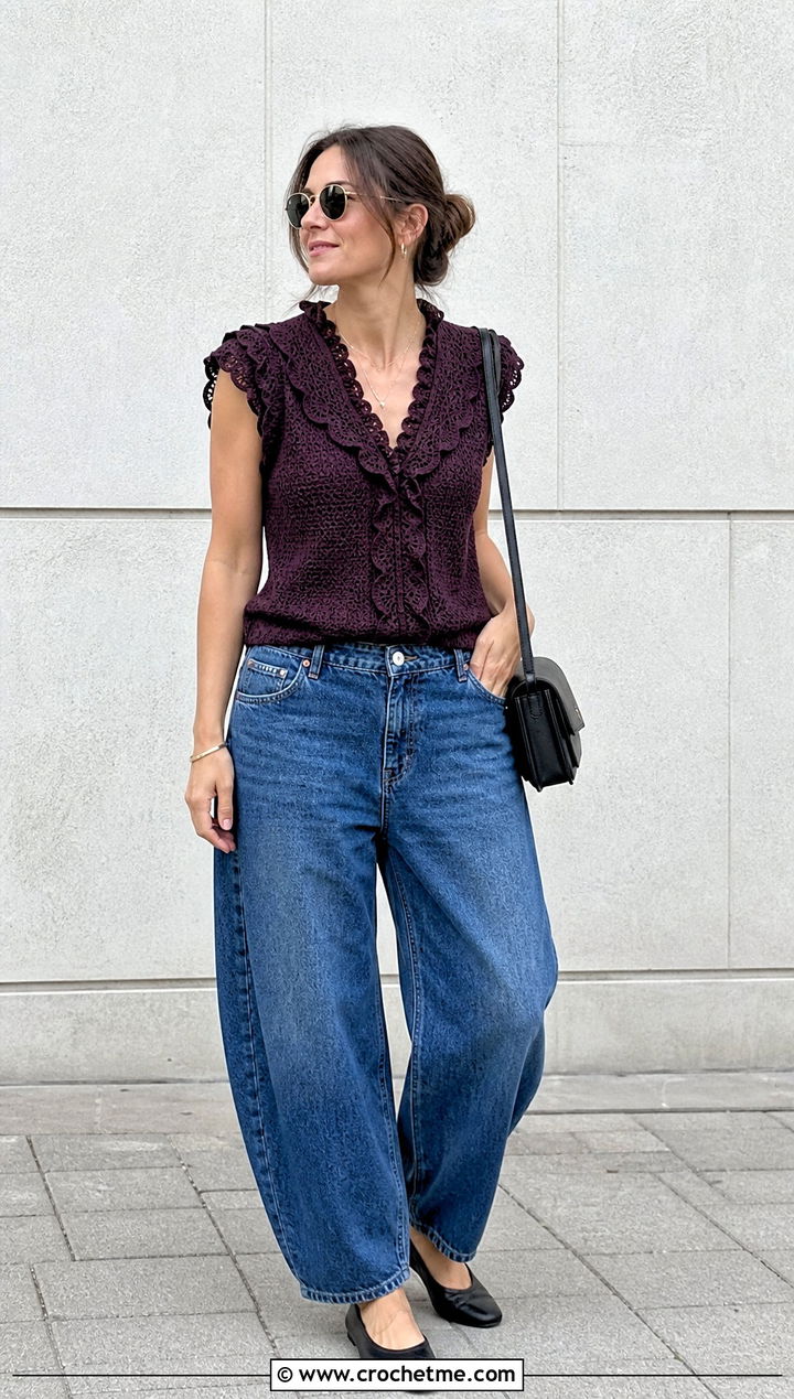 Crochet Ruffle Collar Top With Barrel Jeans - 20 Crochet Top With Collar outfit ideas