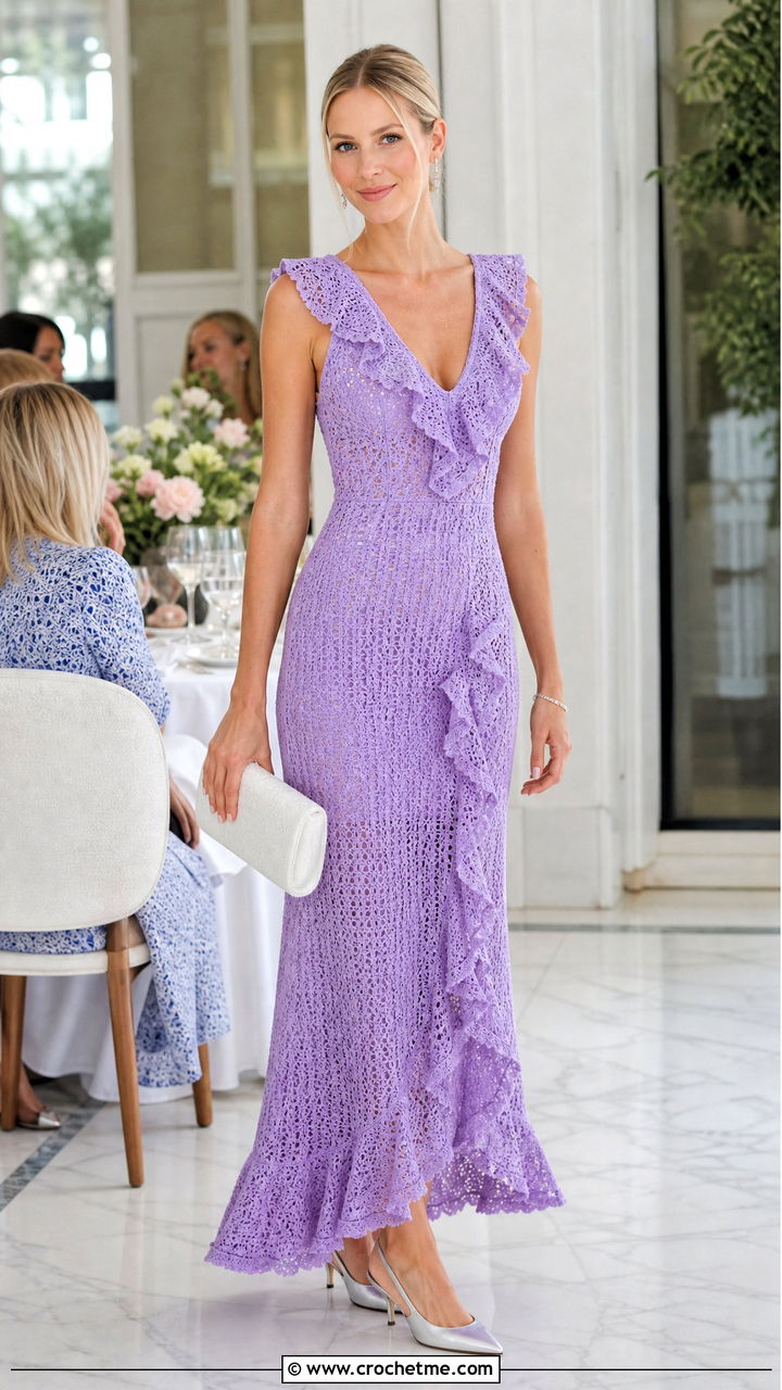 Crochet Ruffle Gown With Slingback Heels - 35 crochet gown for ladies outfit ideas