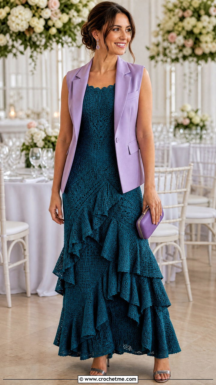 Crochet Ruffle Maxi Dress With Tailored Vest - 35 crochet dress inspo outfit ideas