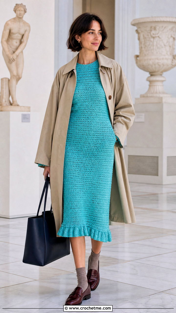 Crochet Ruffle Midi Dress With Loafers - 35 crochet ruffle dress outfit ideas