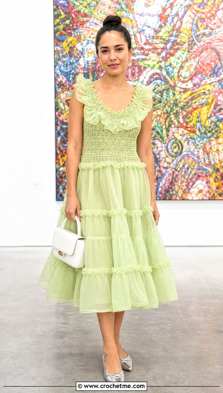 Crochet Ruffle Organza Dress With Pointed Flats - 25 fabric and crochet dress outfit ideas