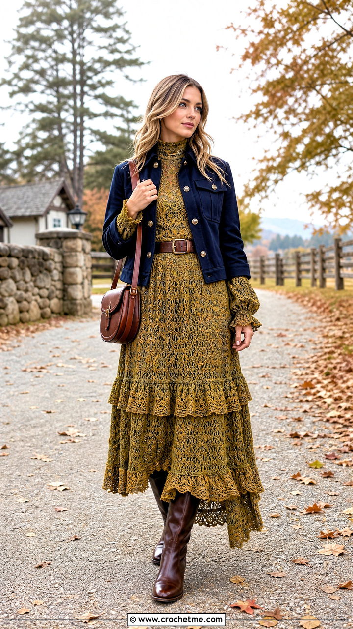 Crochet Ruffle Prairie Dress With Riding Boots - 35 crochet ruffle dress outfit ideas