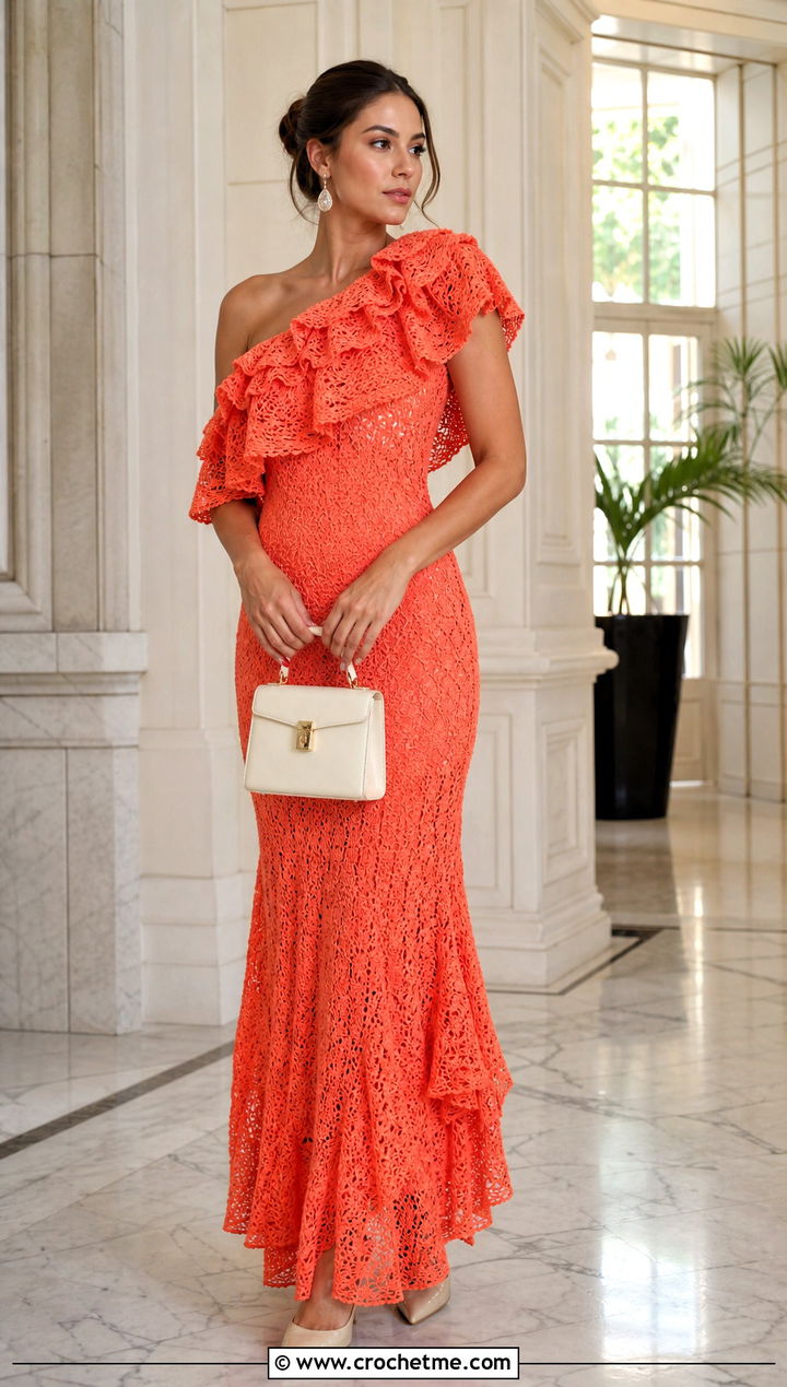 Crochet Ruffle Prom Dress With Structured Mini Bag - 25 Crochet Prom Dress outfit ideas