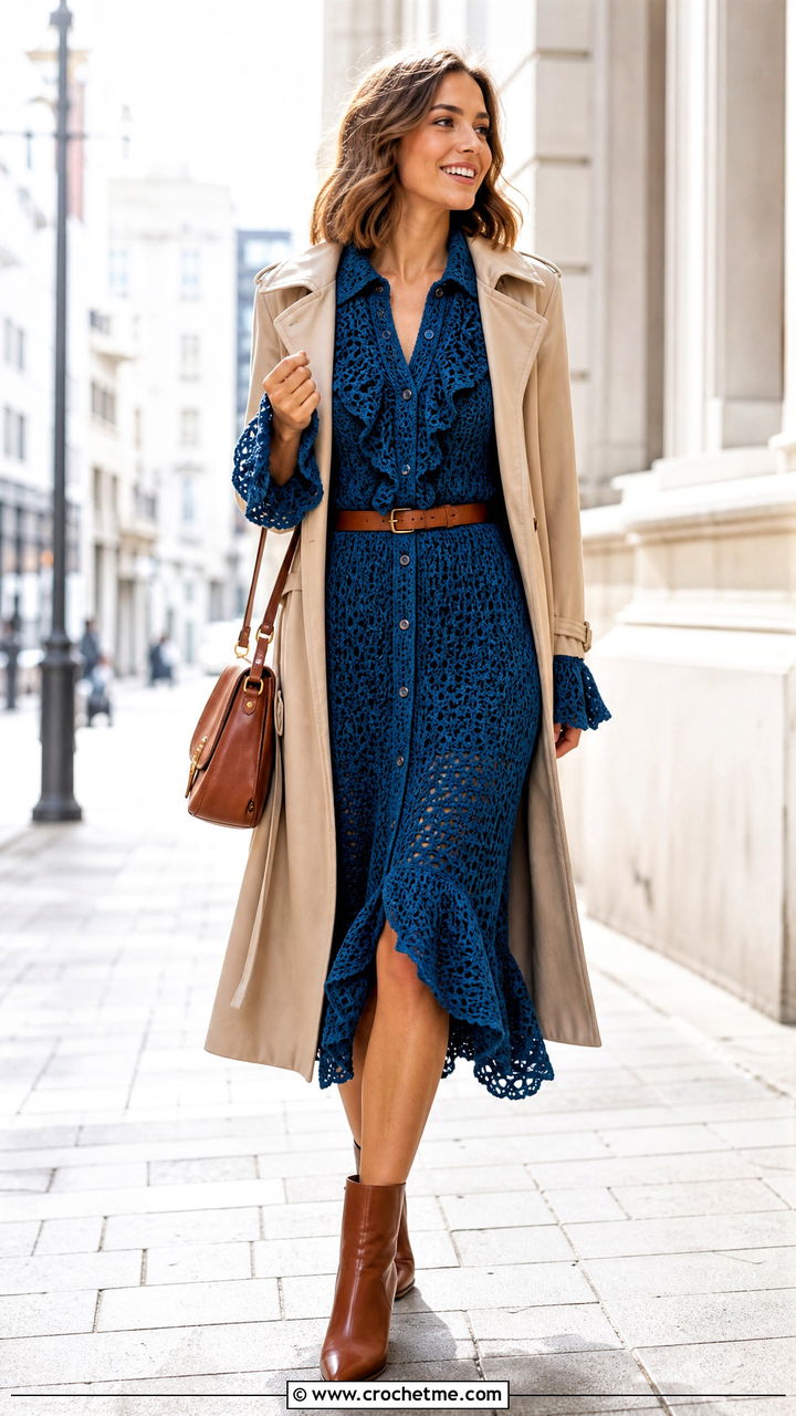Crochet Ruffle Shirt Dress With Ankle Boots - 35 crochet ruffle dress outfit ideas