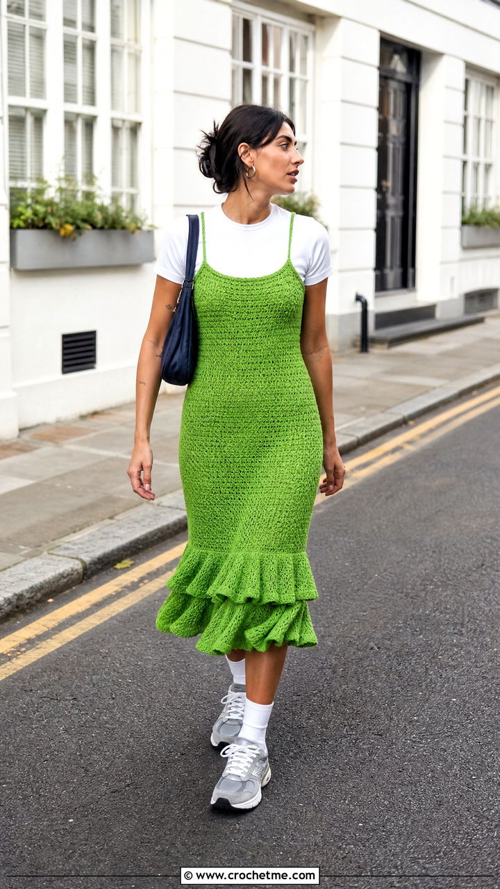 Crochet Ruffle Slip Dress With White T Shirt - 35 crochet ruffle dress outfit ideas
