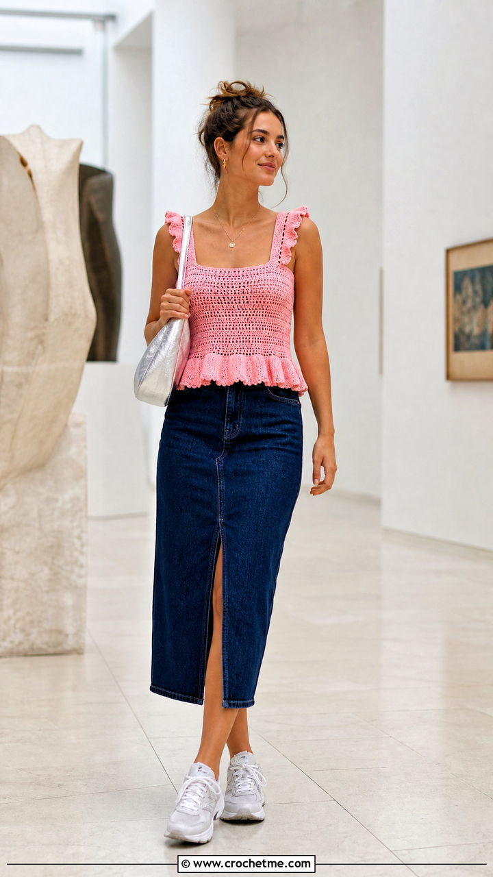 Crochet Ruffle Tank Top With Denim Midi Skirt - 35 crochet ruffle top outfit ideas