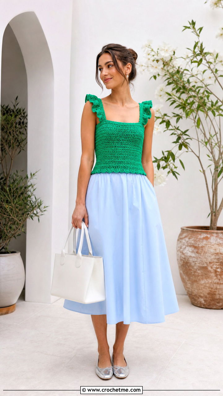 Crochet Ruffle Top With Cotton Poplin Skirt - 35 Crochet Top And Skirt outfit ideas