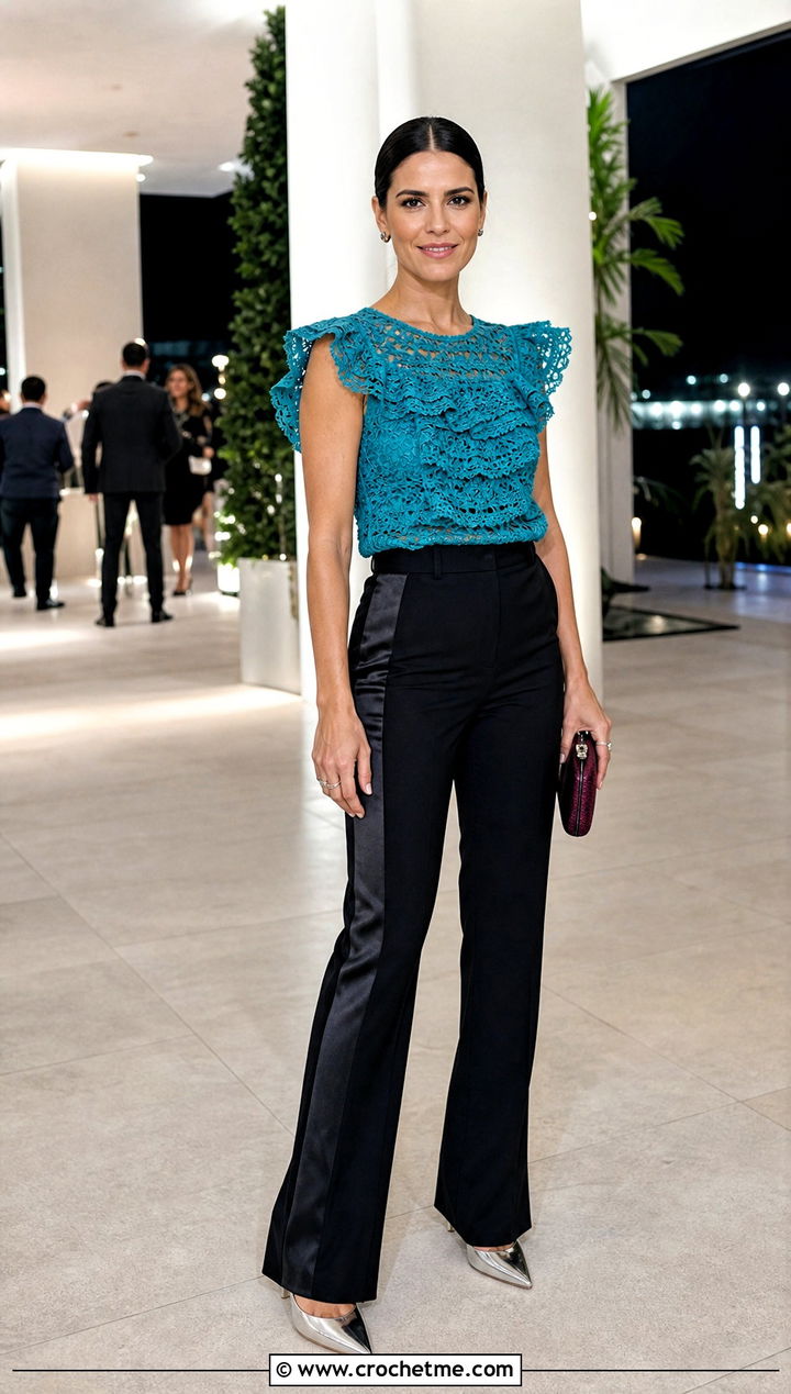 Crochet Ruffle Top With Tuxedo Pants - 35 knitted crochet top outfit ideas
