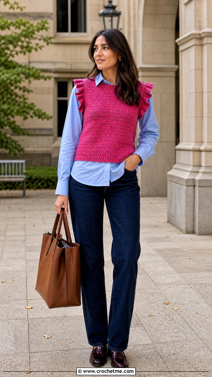 Crochet Ruffle Vest Top With Poplin Shirt - 35 crochet ruffle top outfit ideas