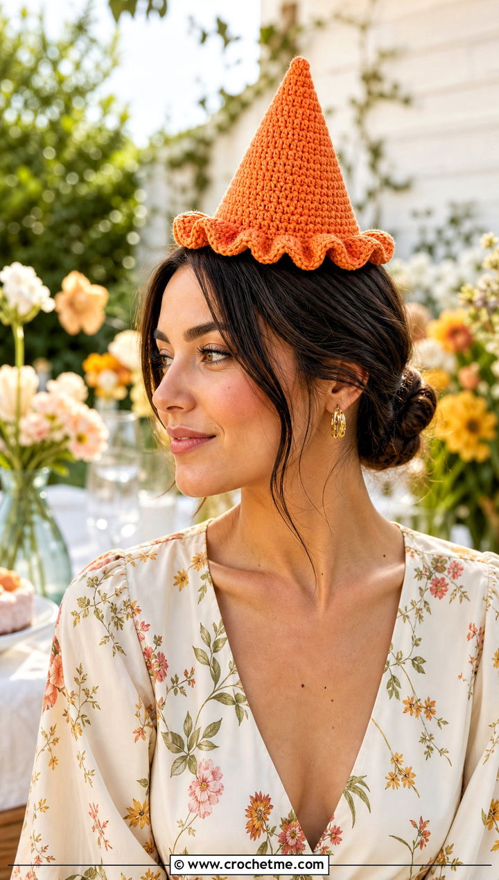 Crochet Ruffled Brim Mini Birthday Hat With A Floral Midi Dress - 25 Crochet Mini Birthday Hat outfit ideas